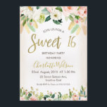 Invitación floral del cumpleaños de Boho de la<br><div class="desc">Este dulce bohemio invitación de dieciséis cumpleaños ofrece algunos arreglos florales y de la pluma. He añadido algunas flores en la mitad inferior del diseño también además de algunos falsos puntos del oro. El falso título del dulce 16 de la caligrafía del efecto metalizado de oro es parte de la...</div>