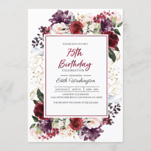Invitación floral del cumpleaños de Borgoña 75.a