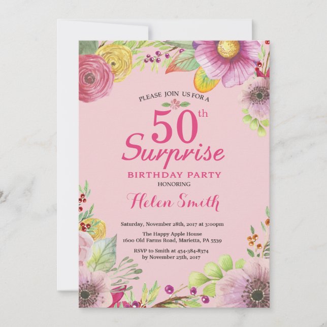 Invitación floral del cumpleaños de la sorpresa (Anverso)
