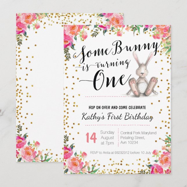 Invitación floral del cumpleaños del conejito de (Anverso / Reverso)