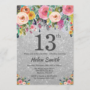 Invitación floral del cumpleaños del purpurina de