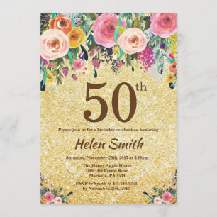Invitación floral del cumpleaños del purpurina del