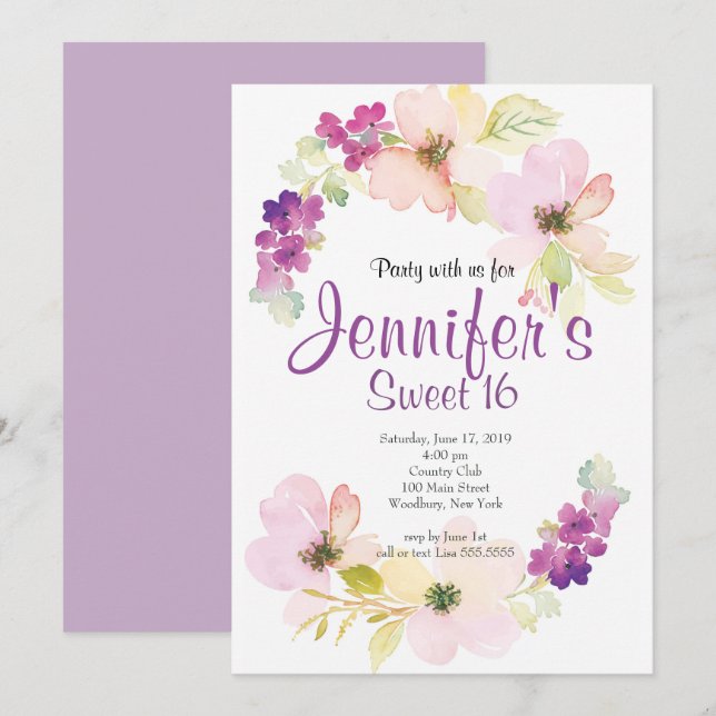 Invitación floral del dulce 16 de Rubor de la (Anverso / Reverso)