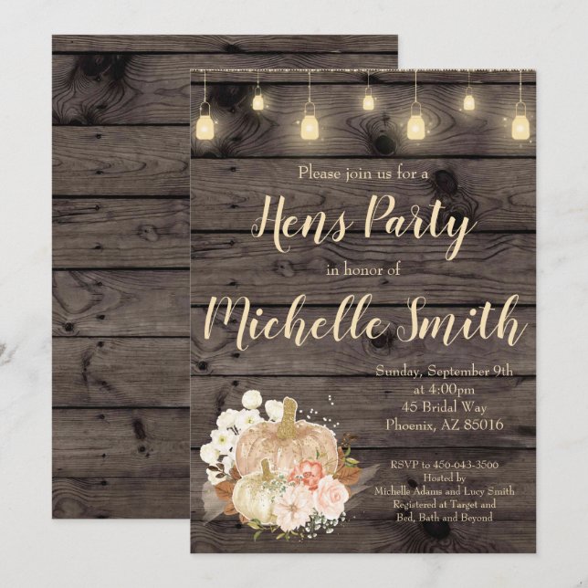 Invitación floral del fiesta de gallinas del otoño (Anverso / Reverso)
