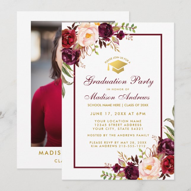 Invitación floral del partido de graduación - Foto (Anverso / Reverso)