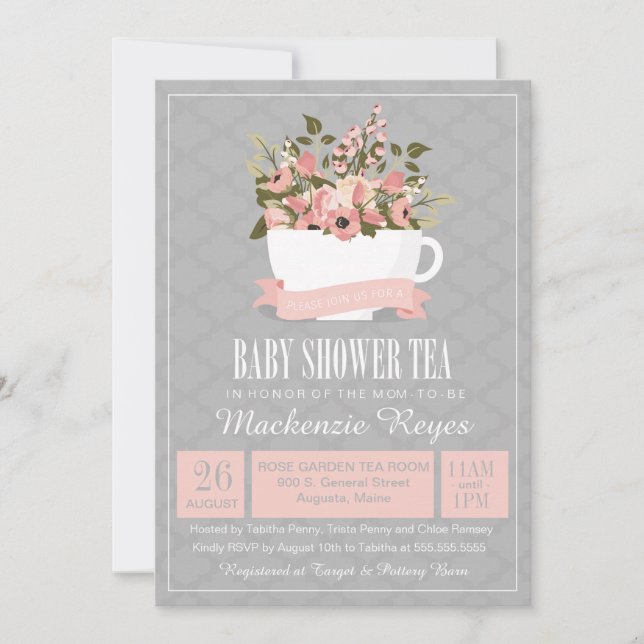Invitación floral del té de Baby Shower de la taza (Anverso)