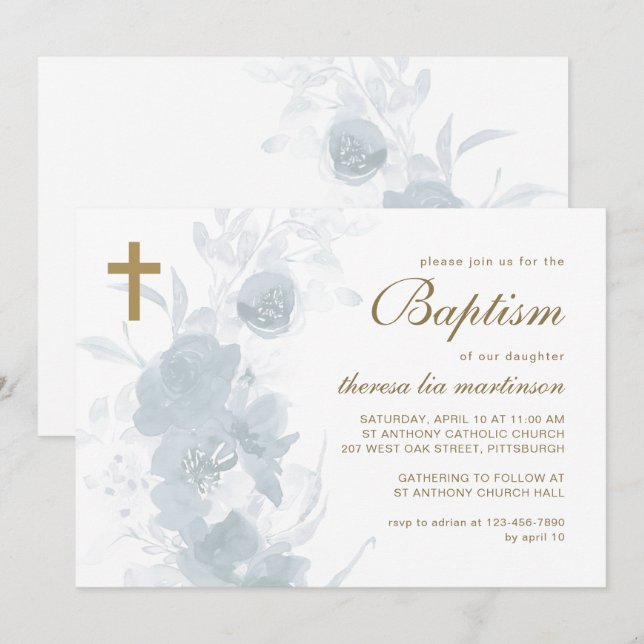 Invitación Floral delgada con bautismo cruzado (Anverso / Reverso)