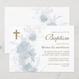 Invitación Floral delgada con bautismo cruzado
