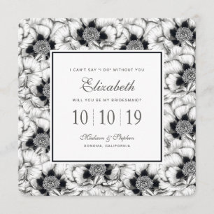 Invitación Floral dibujada en la mano negra y blanca - Novia