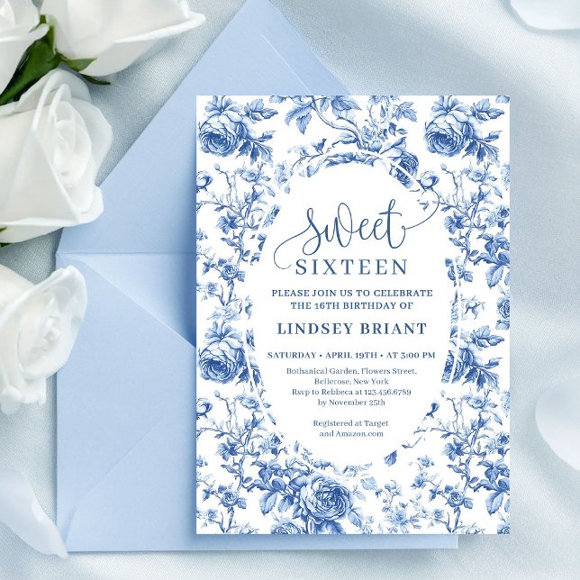 Invitación floral digital azul marino para 16 cump (Navy Blue Digital Floral Invitation 16th Birthday)