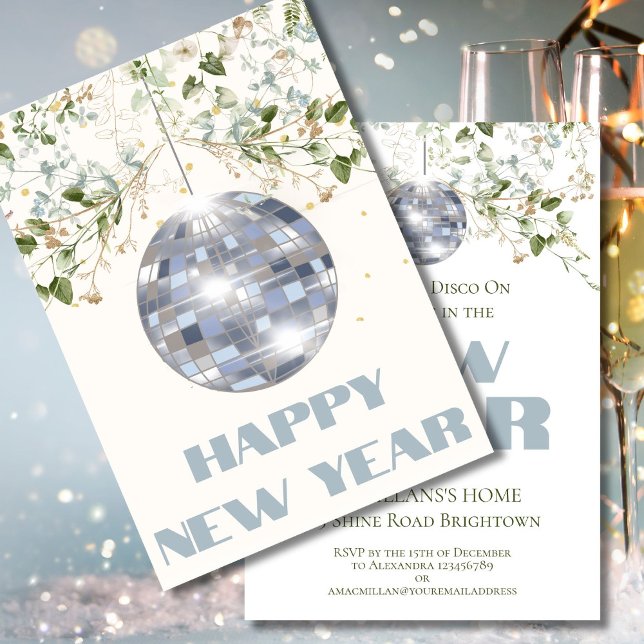 Invitación Floral Disco Ball Año Nuevo Eve Elegante Fiesta (Subido por el creador)