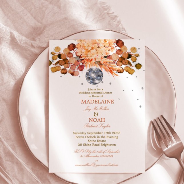 Invitación Floral Disco Ball Elegante Moda Boda ensayo (Subido por el creador)