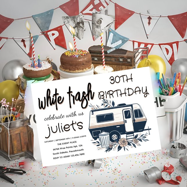 Invitación floral divertida basura blanca 30º cumpleaños invi (Subido por el creador)