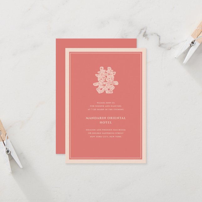 Invitación Floral Doble Felicidad Recepción de Bodas Chinas (Anverso/Reverso In Situ)