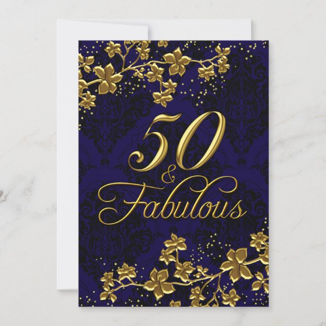 Invitación Floral Dorada Azul Real 50 & Fabulosa (Anverso)