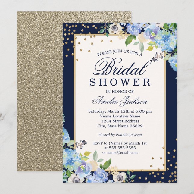 Invitación Floral dorada azul Sparkle Bridal Shower (Anverso / Reverso)
