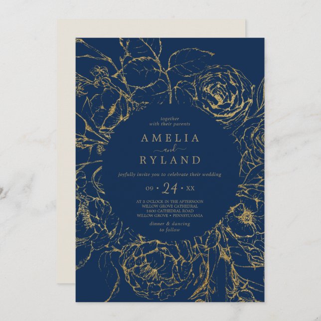 Invitación Floral dorada | Boda azul marino y casual oro (Anverso / Reverso)