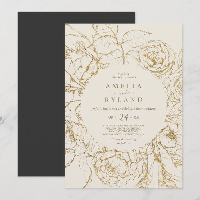 Invitación Floral dorada | Boda Casual de Crema y Oro (Anverso / Reverso)