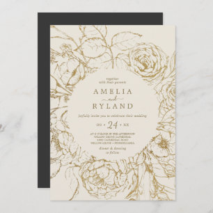 Invitación Floral dorada   Boda Casual de Crema y Oro