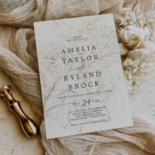Invitación Floral dorada Boda con crema y dorado