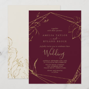 Invitación Floral dorada   Boda de Borgoña y Oro