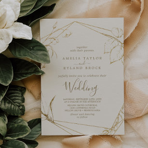 Invitación Floral dorada   Boda de crema y oro