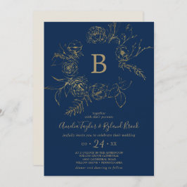 Invitación Floral dorada | Boda de Monograma Azul y Oro de la