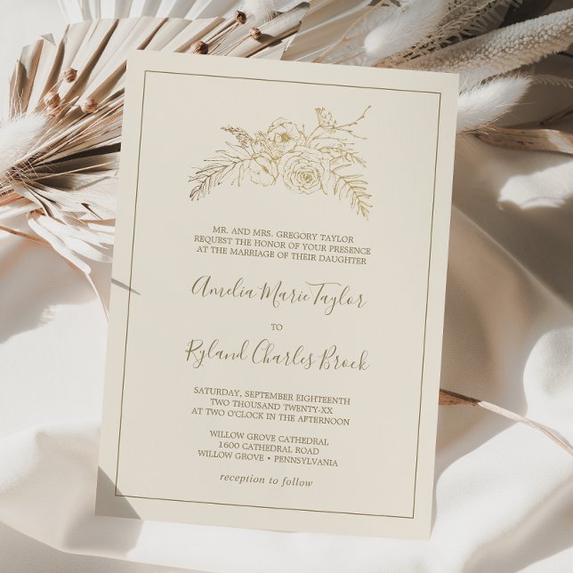 Invitación Floral dorada | Boda formal de oro crema (Subido por el creador)