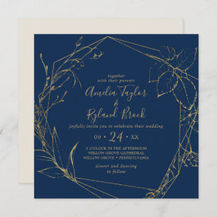 Invitación Floral dorada   Boda Geométrico Naval Azul y Oro