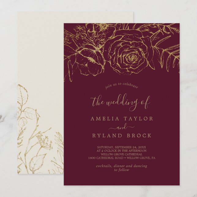 Invitación Floral dorada | Borgoña y oro El Boda de (Anverso / Reverso)
