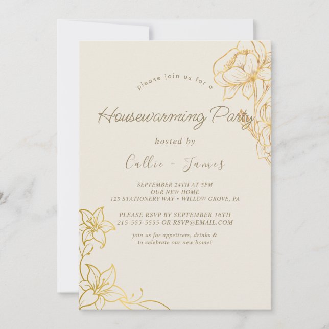 Invitación Floral dorada | Calentamiento de casas con crema y (Anverso)