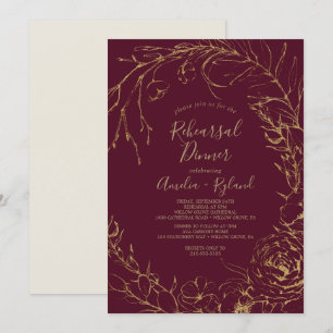 Invitación Floral dorada Cena de ensayo de Borgoña y oro