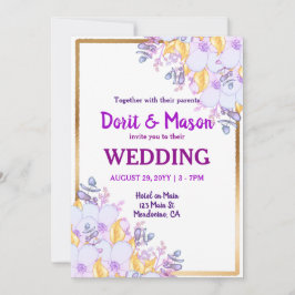 Invitación Floral dorada con marco morado y dorado