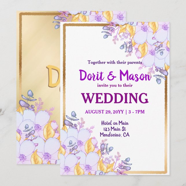 Invitación Floral dorada con marco morado y dorado (Anverso / Reverso)