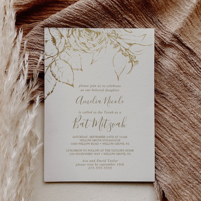 Invitación Floral dorada | Cream and Gold Bat Mitzvah (Subido por el creador)