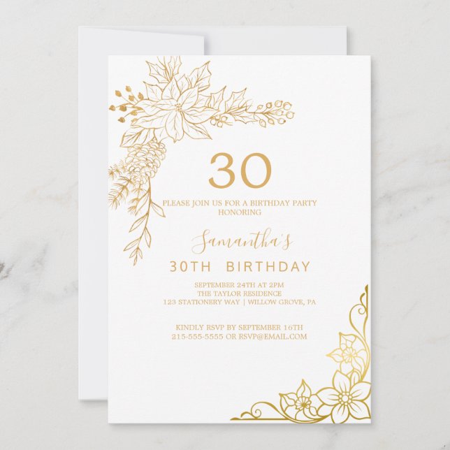 Invitación Floral dorada | Crema y oro 30 cumpleaños (Anverso)