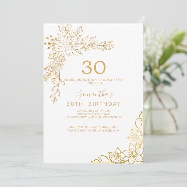 Invitación Floral dorada | Crema y oro 30 cumpleaños (Anverso de pie)
