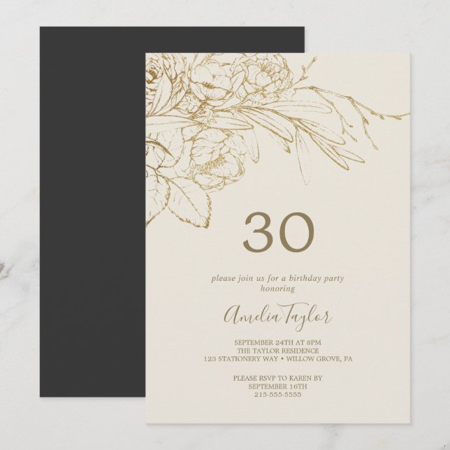 Invitación Floral dorada | Crema y oro 30 cumpleaños (Anverso / Reverso)