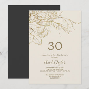Invitación Floral dorada   Crema y oro 30 cumpleaños