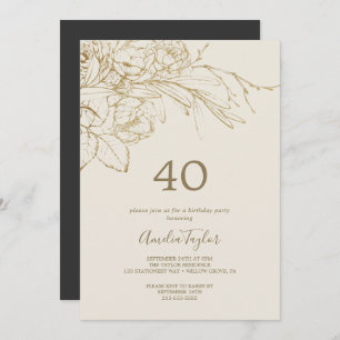 Invitación Floral dorada Crema y oro 40 cumpleaños