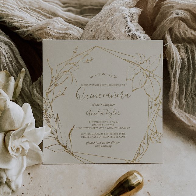 Invitación Floral dorada | Crema y quinceañera de oro (Subido por el creador)