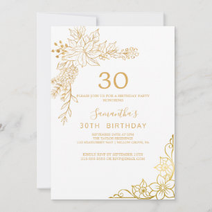 Invitación Floral Dorada   Cumpleaños 30 de Crema y Dorado