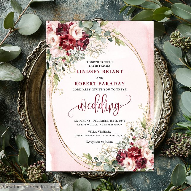 Invitación floral dorada de estilo boho con rubor  (Stylish Boho Burgundy Blush Gold Floral Invitation)