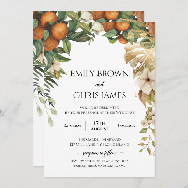 Invitación Floral dorada | Elegante Boda Eucalyptus Greenery (Anverso / Reverso)