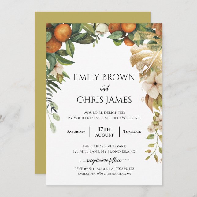Invitación Floral dorada | Elegante Boda Eucalyptus Greenery (Anverso / Reverso)