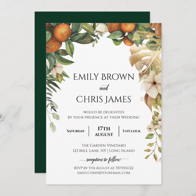 Invitación Floral dorada | Elegante Boda Eucalyptus Greenery (Anverso / Reverso)