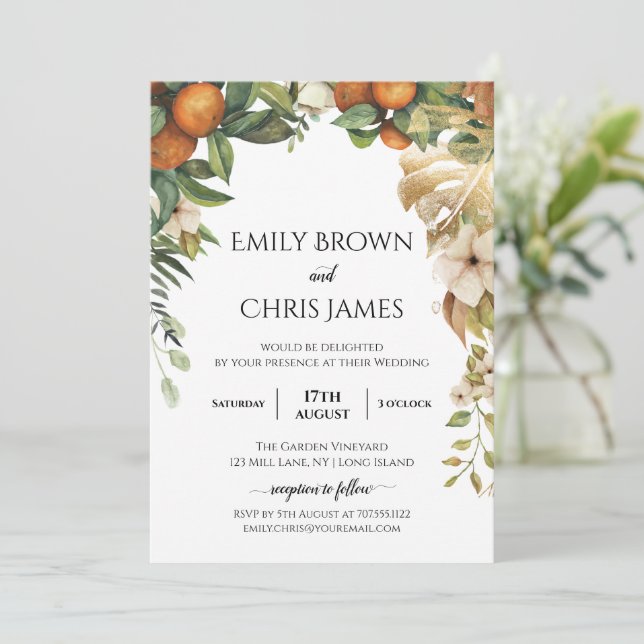 Invitación Floral dorada | Elegante Boda Eucalyptus Greenery (Anverso de pie)