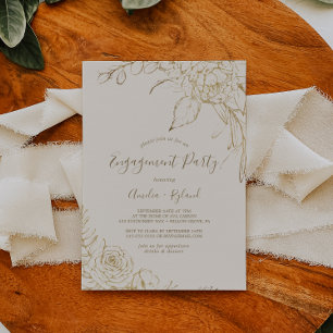 Invitación Floral dorada   Fiesta de compromiso crema y oro