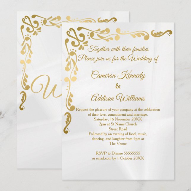 Invitación Floral dorada | Relieve metalizado dorado Cream Ca (Anverso / Reverso)