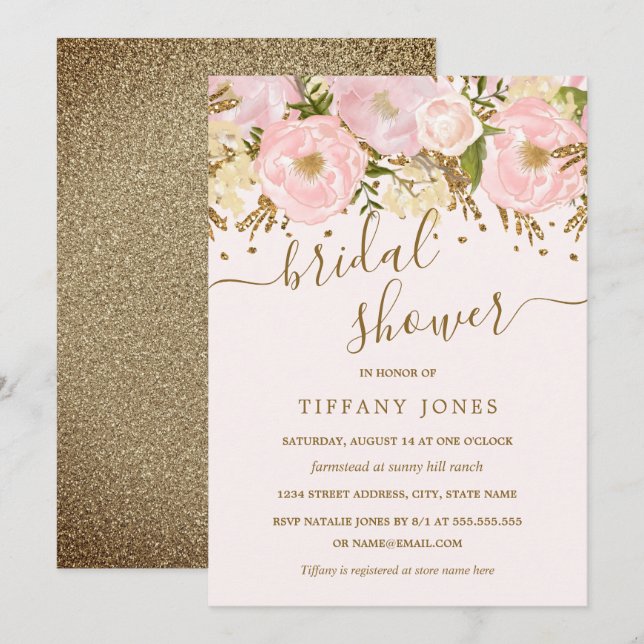 Invitación Floral dorada rosa Rubor Confetti Bridal Shower (Anverso / Reverso)